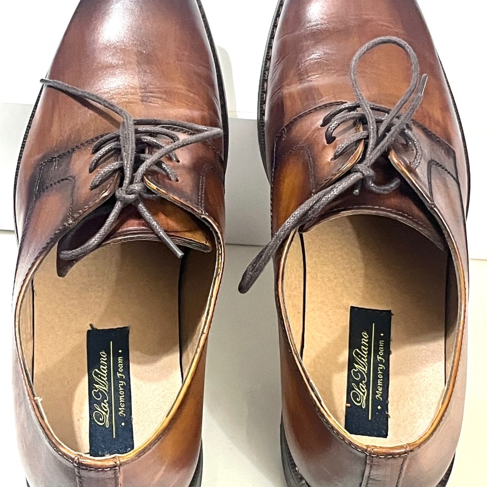 La Milano Luwin Leather Memory Foam Cognac Burnished Toe Oxfords Laced Shoes 11M - Picture 7 of 9